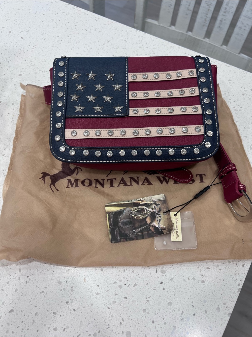 Montana West USA Navy Blue, Red & White Studded Flag Belt Bag